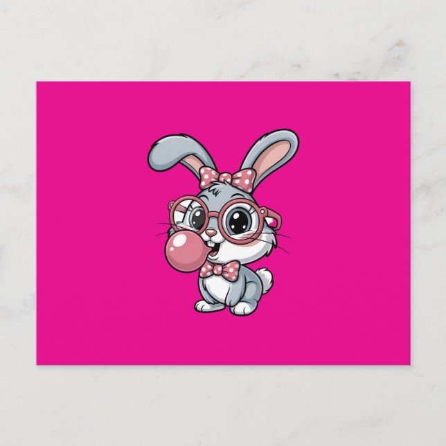 Postal De Invitación Cute Bunny with Glasses Blowing Bubble Gum (Anverso)
