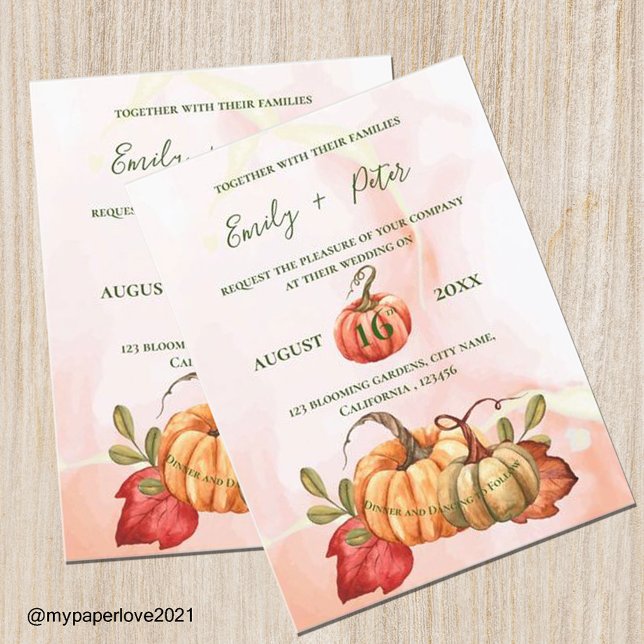 Postal De Invitación Cute Calabaza hojas otoñales Monograma Boda otoño (Subido por el creador)