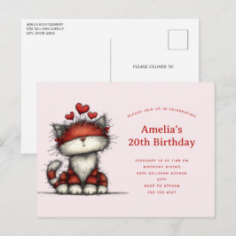 Postal De Invitación Cute Cat with Red Love Hearts Birthday