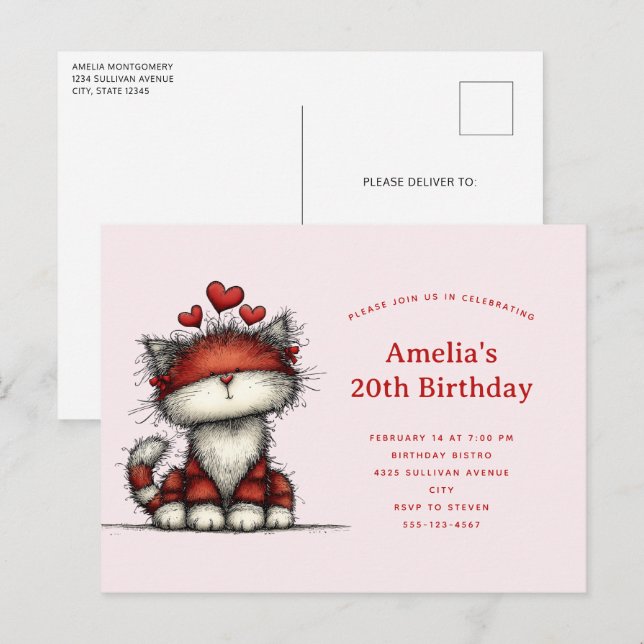 Postal De Invitación Cute Cat with Red Love Hearts Birthday (Anverso / Reverso)