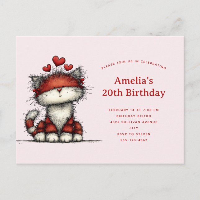 Postal De Invitación Cute Cat with Red Love Hearts Birthday (Anverso)