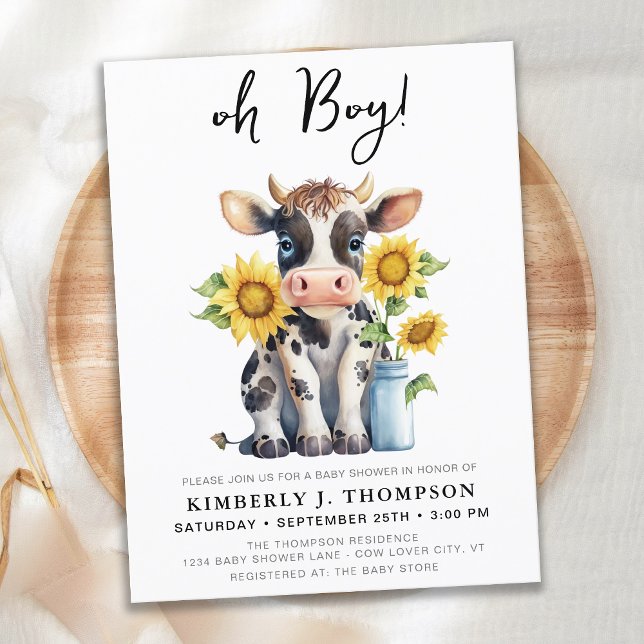 Postal De Invitación Cute Cow Sunflowers Moderno Farm Animal Baby Showe (Subido por el creador)