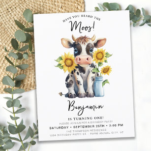 Postal De Invitación Cute Cow Sunflowers Moderno Granja Animal Cumpleañ