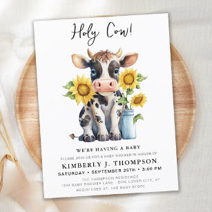 Postal De Invitación Cute Cow Sunflowers Moderno Simple Farm Baby Showe