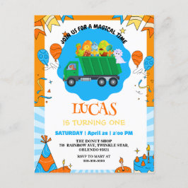 Postal De Invitación Cute Dinosaur colorido camión de basura niño de cu