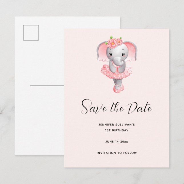 Postal De Invitación Cute Elephant Ballerina Rosa y Gris salva la fecha (Anverso / Reverso)