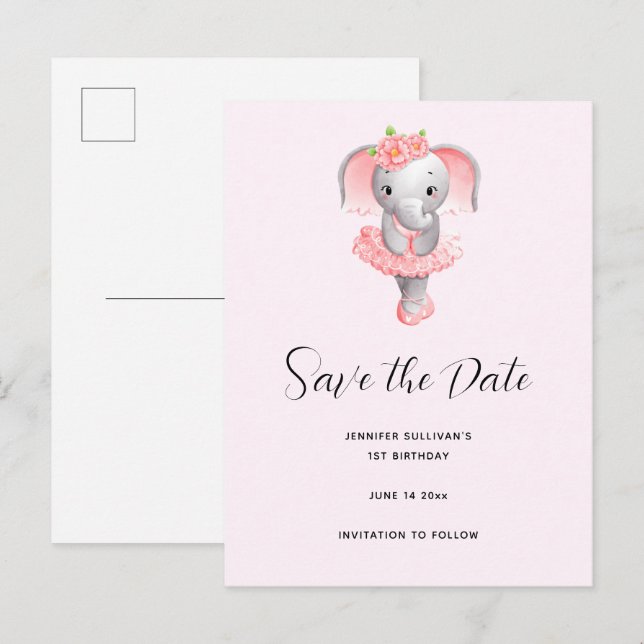 Postal De Invitación Cute Elephant Ballerina Rosa y Gris salva la fecha (Anverso / Reverso)