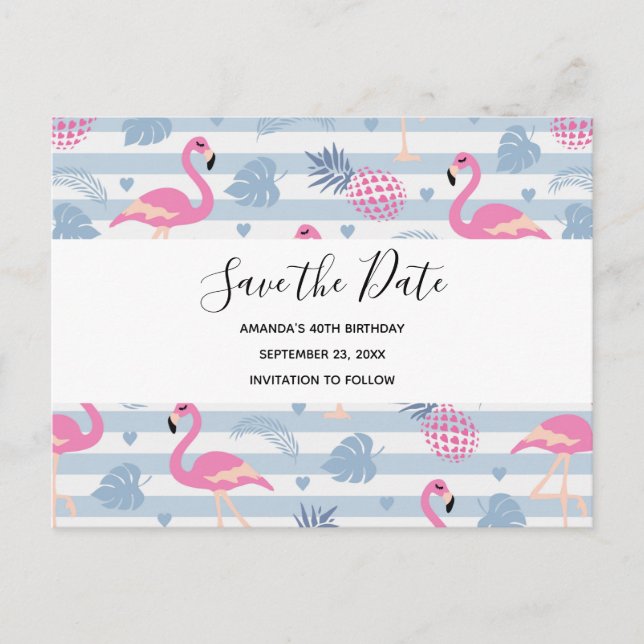 Postal De Invitación Cute Flamingo & Pineapple Pattern Save the Date (Anverso)