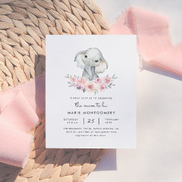 Postal De Invitación Cute Floral Bouquet Elephant Baby Baby Shower