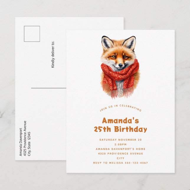 Postal De Invitación Cute Fox in a Red Scarf Autumn Image Birthday (Anverso / Reverso)