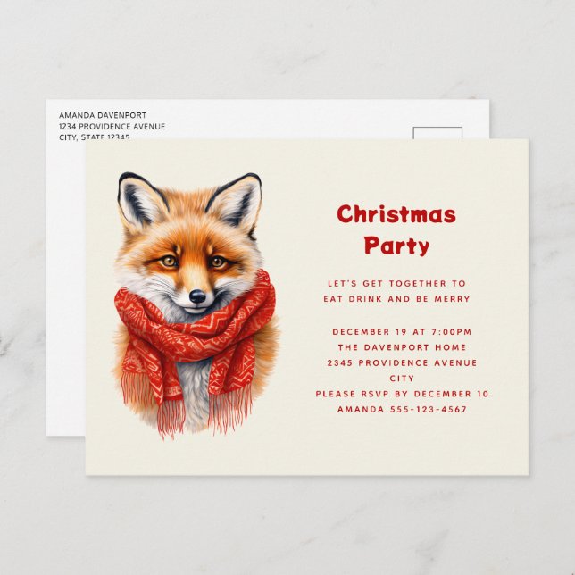 Postal De Invitación Cute Fox in a Red Scarf Autumn Image Christmas (Anverso / Reverso)