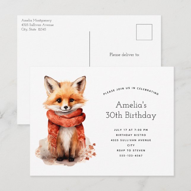 Postal De Invitación Cute Fox Pup in a Red Scarf Birthday (Anverso / Reverso)