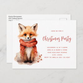 Postal De Invitación Cute Fox Pup in a Red Scarf Christmas Party