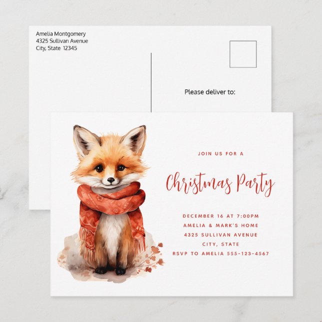 Postal De Invitación Cute Fox Pup in a Red Scarf Christmas Party (Anverso / Reverso)