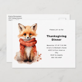 Postal De Invitación Cute Fox Pup in a Red Scarf Thanksgiving