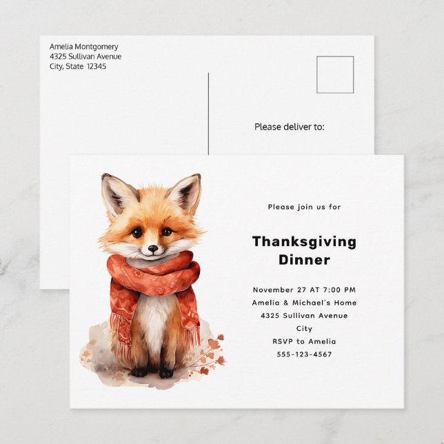 Postal De Invitación Cute Fox Pup in a Red Scarf Thanksgiving (Anverso / Reverso)