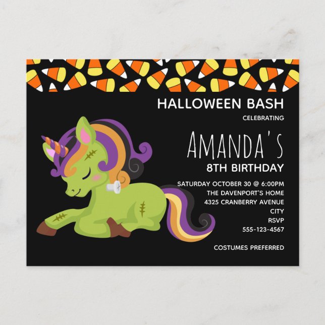 Postal De Invitación Cute Frankenstein Unicorn Halloween cumpleaños (Anverso)