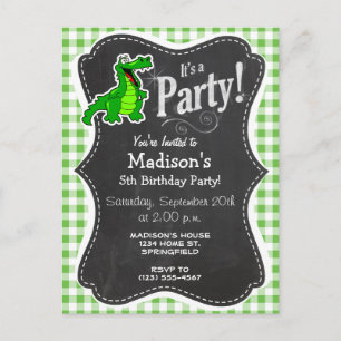 Postal De Invitación Cute Gator; Green Gingham