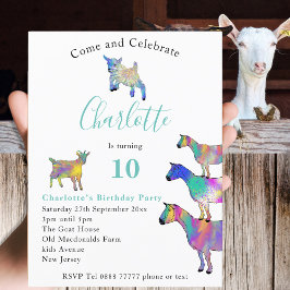 Postal De Invitación Cute Goats Colorful Animal Art 10 cumpleaños