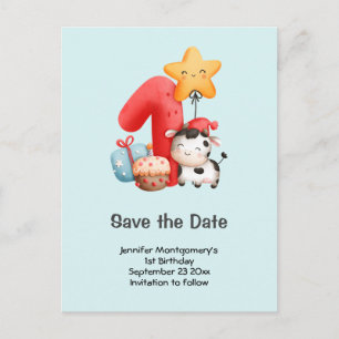 Postal De Invitación Cute Happy Cow 1º cumpleaños Guardar la fecha