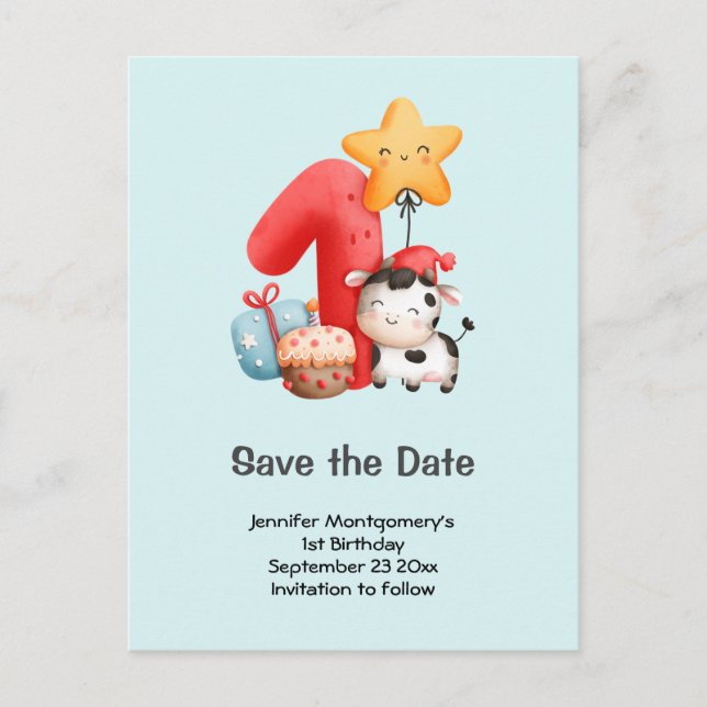 Postal De Invitación Cute Happy Cow 1º cumpleaños Guardar la fecha (Anverso)