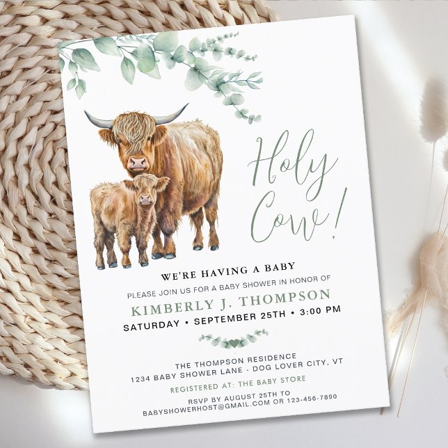 Postal De Invitación Cute Highland Cow Moderno Eucalyptus Baby Shower (Subido por el creador)