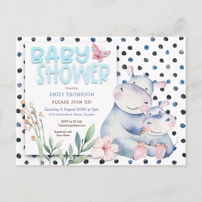 Postal De Invitación Cute Hippos Polka Dots Blue Baby Shower (Anverso)