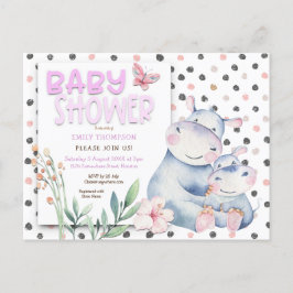 Postal De Invitación Cute Hippos Polka Dots Pink Baby Shower