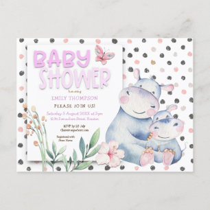 Postal De Invitación Cute Hippos Polka Dots Pink Baby Shower