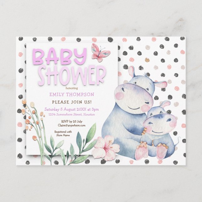 Postal De Invitación Cute Hippos Polka Dots Pink Baby Shower (Anverso)