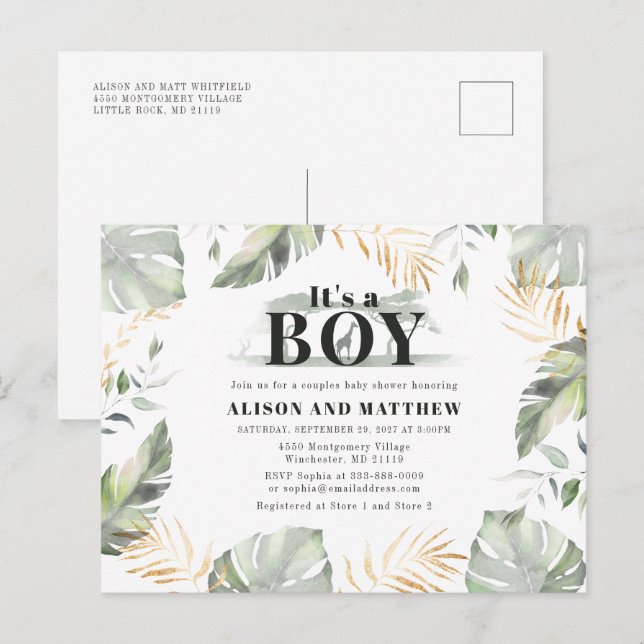 Postal De Invitación Cute Jungle Safari Baby Shower Boys Giraffe (Anverso / Reverso)