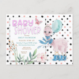 Postal De Invitación Cute Llama Wellies Dots Pink Baby Shower