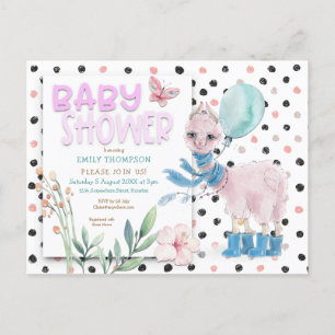 Postal De Invitación Cute Llama Wellies Dots Pink Baby Shower
