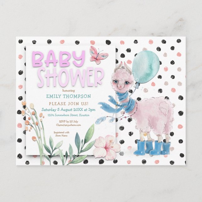 Postal De Invitación Cute Llama Wellies Dots Pink Baby Shower (Anverso)