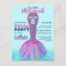 Postal De Invitación Cute Mint Blue Pink Mermaid Tail Purpurina Cumplea