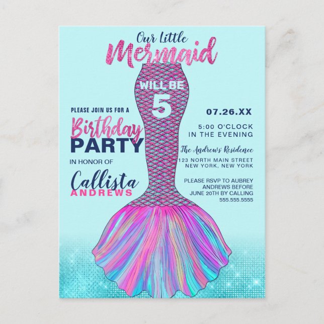Postal De Invitación Cute Mint Blue Pink Mermaid Tail Purpurina Cumplea (Anverso)