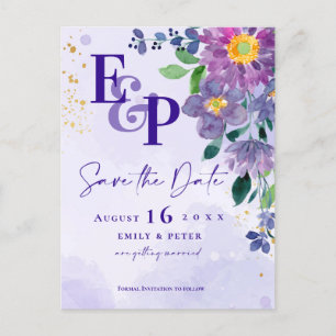 Postal De Invitación Cute Monograma Boda Floral Púrpura Guardar La Fech