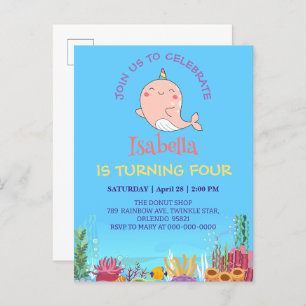 Postal De Invitación Cute Narwhal Fish Unicorn Arcoiris cumpleaños