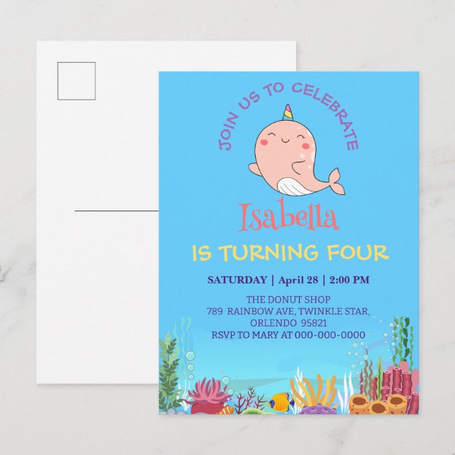 Postal De Invitación Cute Narwhal Fish Unicorn Arcoiris cumpleaños (Anverso / Reverso)