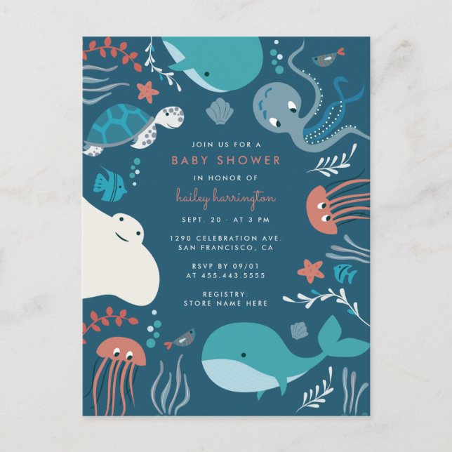 Postal De Invitación Cute Nautical Under Sea Baby Shower (Anverso)