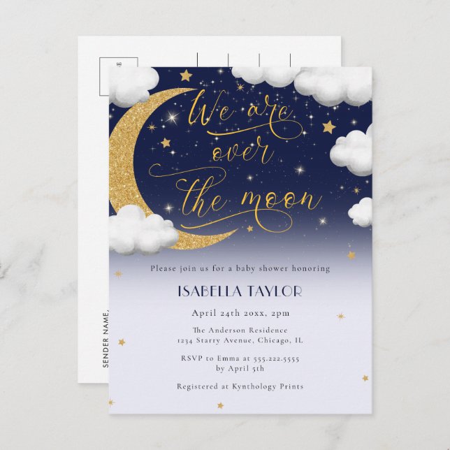 Postal De Invitación Cute Over the Moon Baby Shower (Anverso / Reverso)
