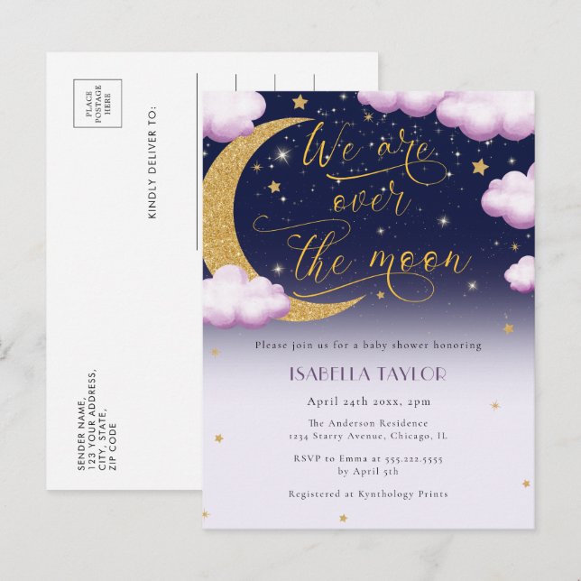 Postal De Invitación Cute Over the Moon Chica Baby Shower (Anverso / Reverso)