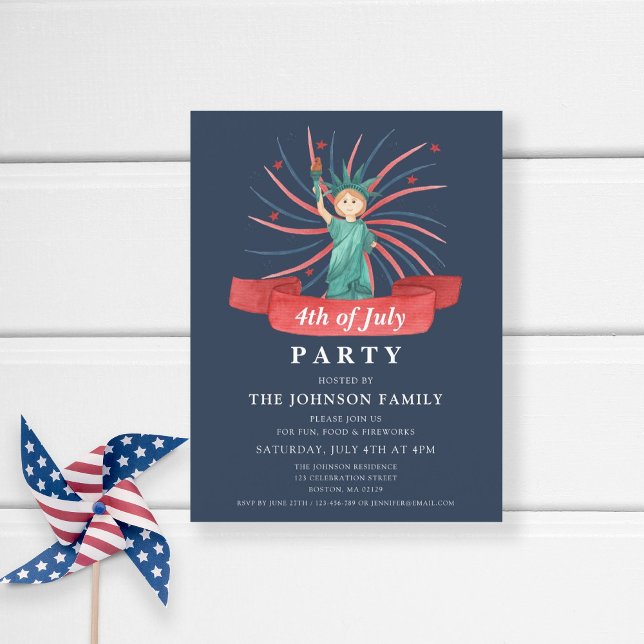 Postal De Invitación Cute Patriótico Rojo Blanco y Azul 4 de Julio (Patriotic Statue Of Liberty Blue 4th Of July Party Invitation Postcard
)