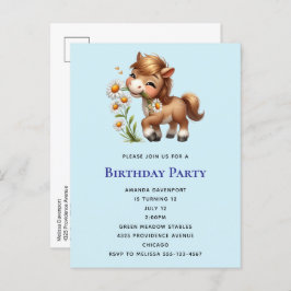 Postal De Invitación Cute Pony Comiendo Daisies Cumpleaños