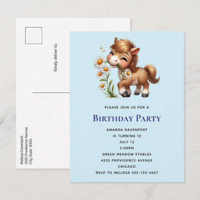 Postal De Invitación Cute Pony Comiendo Daisies Cumpleaños (Anverso / Reverso)