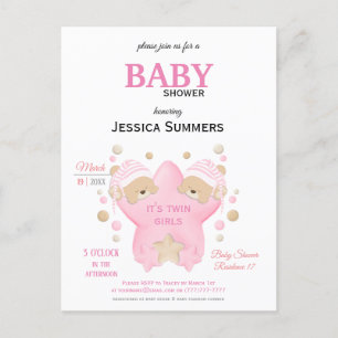 Postal De Invitación Cute Sleeping Teddy Bear Twin Baby Girls Shower In