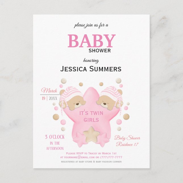 Postal De Invitación Cute Sleeping Teddy Bear Twin Baby Girls Shower In (Anverso)