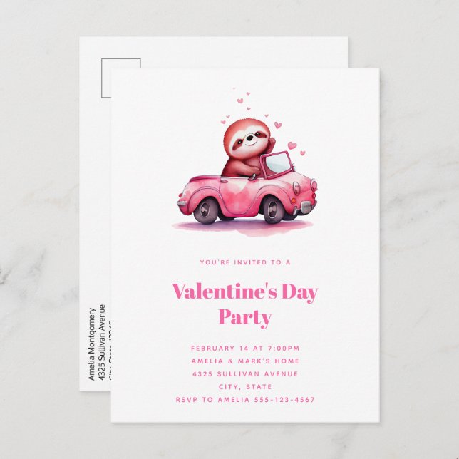 Postal De Invitación Cute Sloth in a Pink Convertible (Anverso / Reverso)
