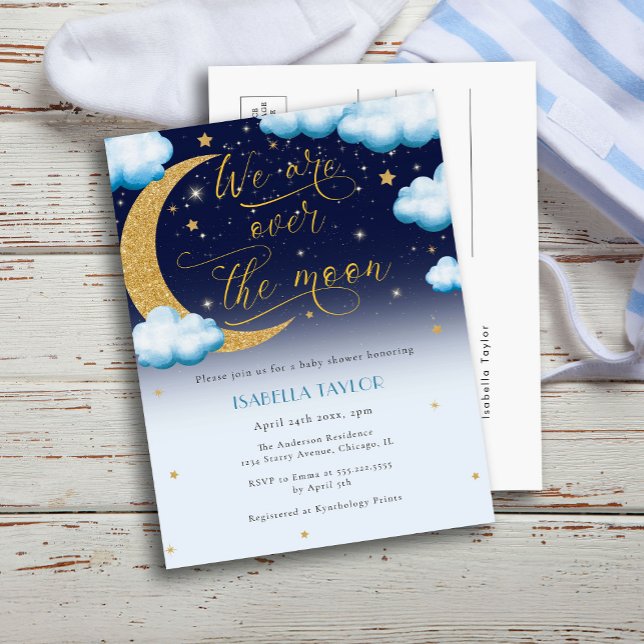 Postal De Invitación Cute sobre el Baby Shower de Moon Blue Boy (Subido por el creador)