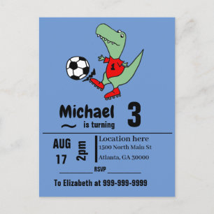 Postal De Invitación Cute T-rex dinosaur Fútbol Fiesta de cumpleaños